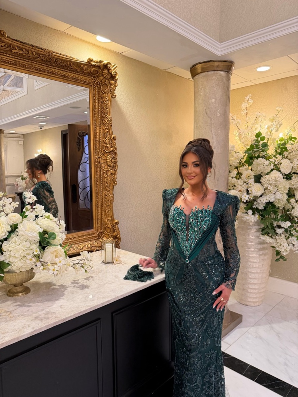 Emerald Beaded Lace Evening Gown